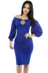 Sexy Blue Puffs Peep Hole Off Shoulder Midi Bodycon Dress